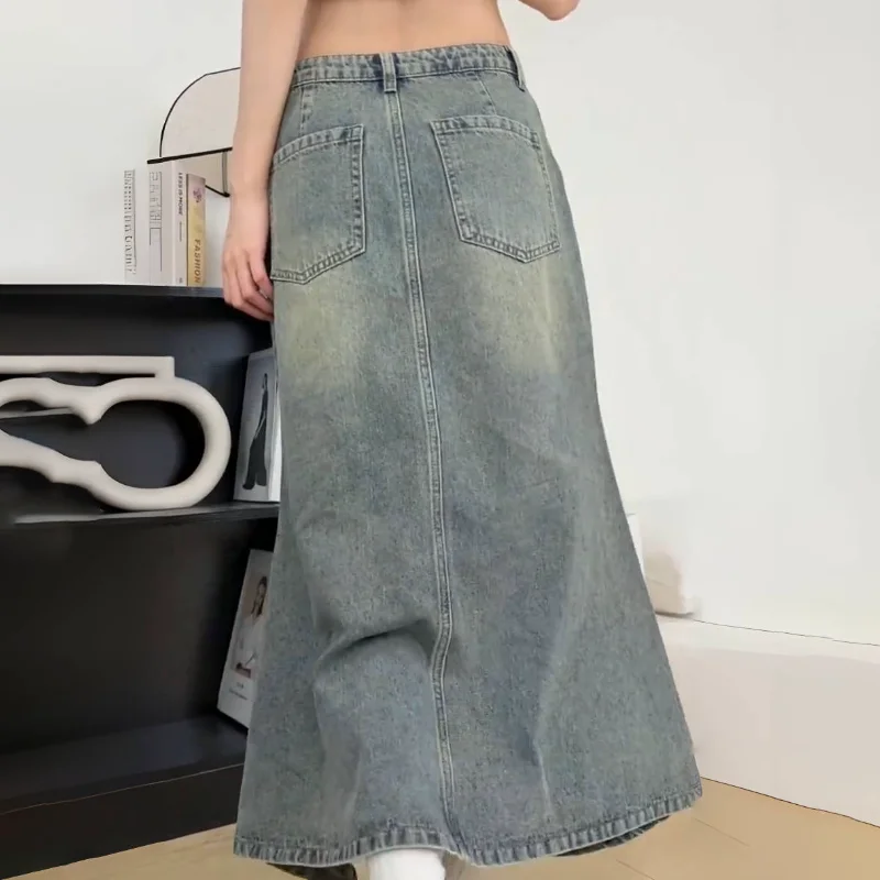 Y2k vintage oversize 4xl lavado irregular divisão denim saia feminina primavera verão cintura alta médio longo uma quadril saias rabo de peixe