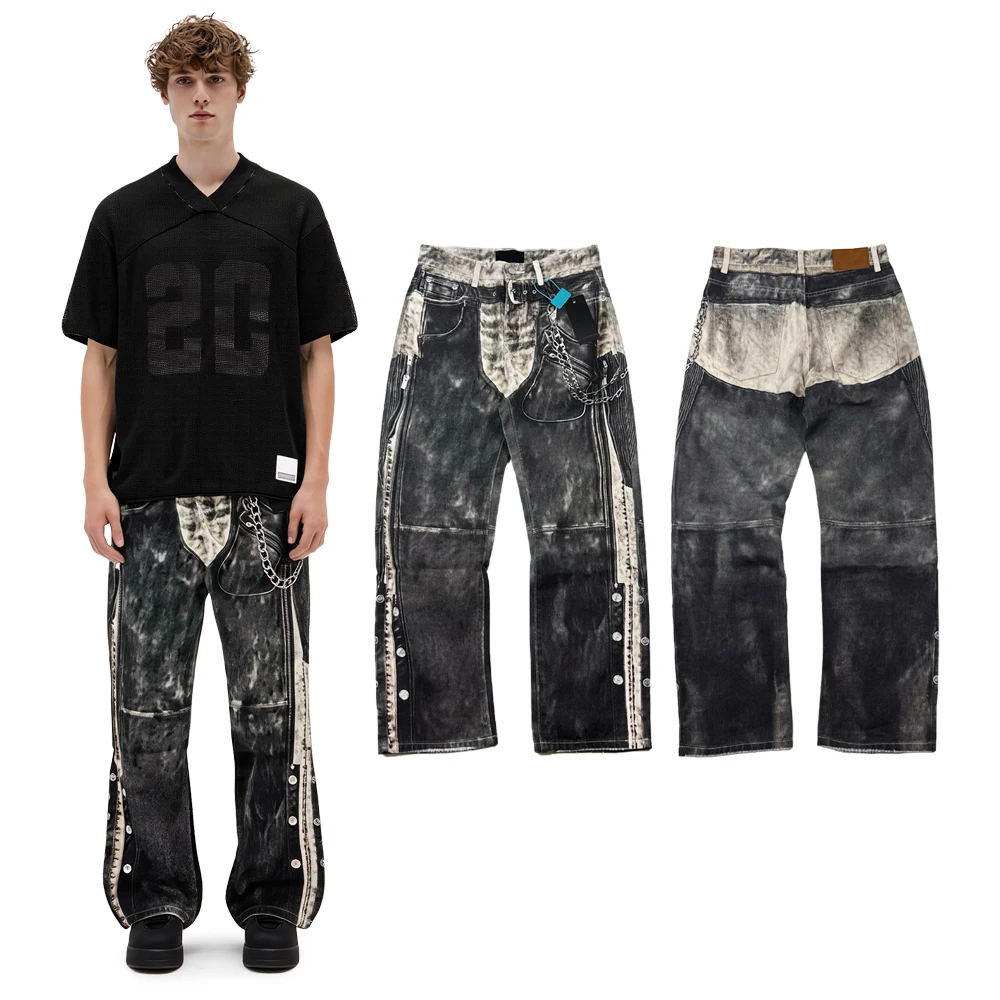 Y2k Streetwear Loose Jeans with Deconstructing Graphic Hiphop Street Style Cotton Retro Distressed Causal Baggy Denim Pants Mens