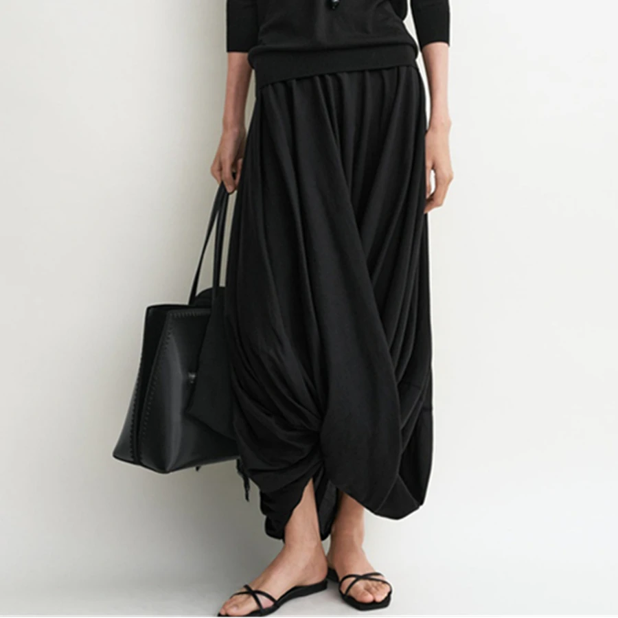 

Maxdutti French Lazy Design Twist Layered Skirt Minimalist Design Black Loose Irregular Long Skirt Pleated Women's Skirt Woman