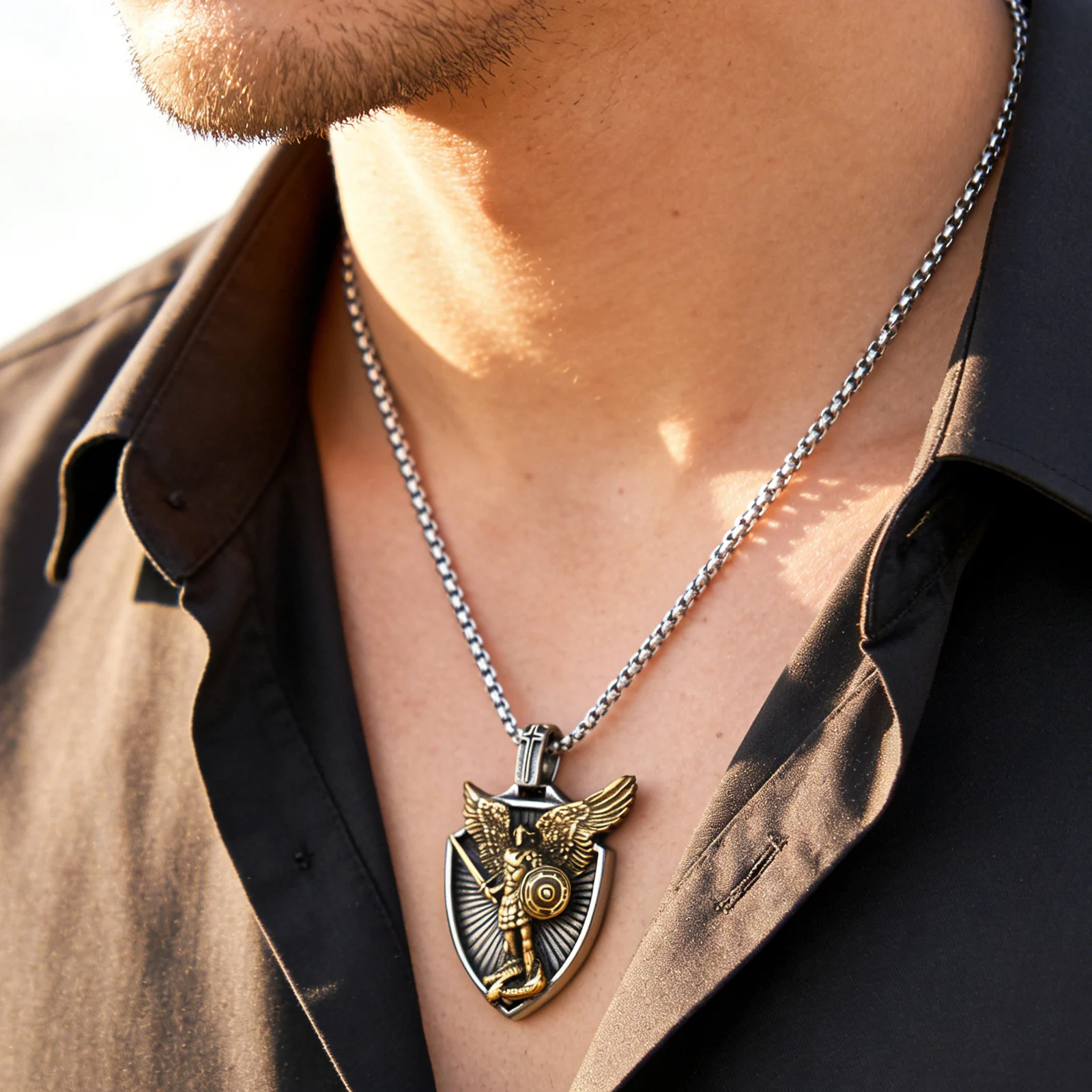 LNCHRAN Herren-Halskette mit Anhänger „Heiliger Michael Erzengel“ aus 316L-Edelstahl, Box-Kette, religiöser Vintage-Schmuck in zwei Farbtönen