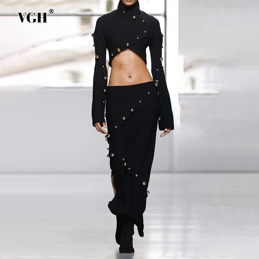 

VGH Design Sense Solid Two Piece Sets For Women Round Neck Long Sleeve Top High Waist Skirt Spliced Button Chic Set Female New