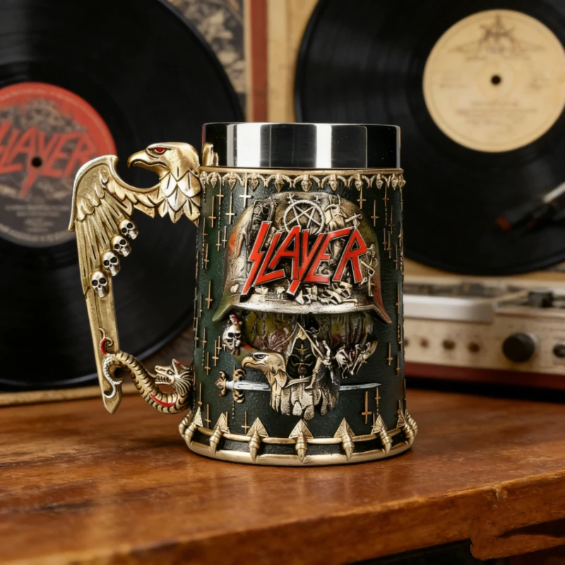 Punk rock style relief beer cup, eagle skull handle design, retro metal texture cup body, bar special beer
