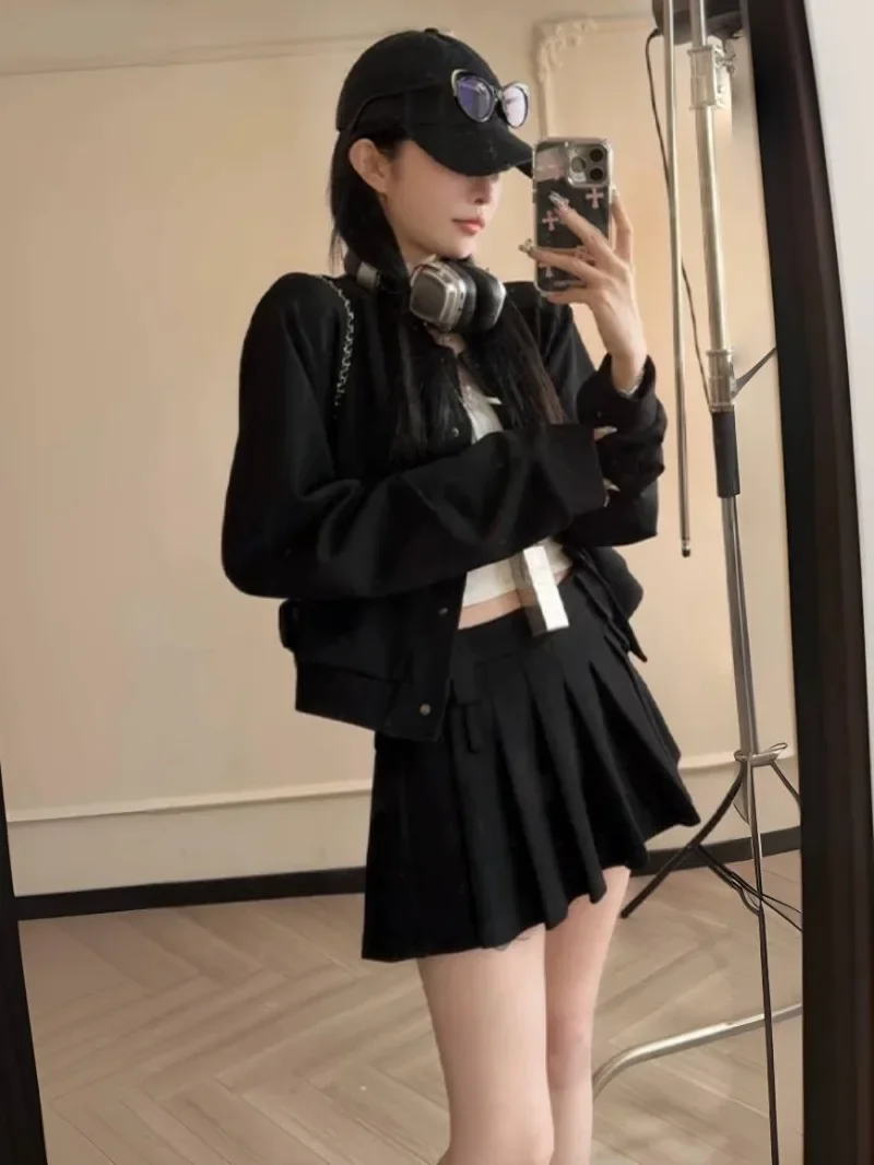 American Fashion Sport Hoodie Coat Pleated Skirt Two-piece Set Women College O-neck Single Breasted Sweet Solid Slim Spring Suit