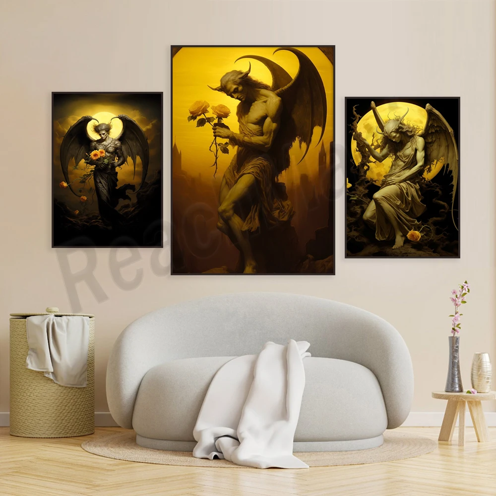 فن الورد الأصفر المتساقط، ملصق حائط ساحرة أكاديمي الظلام الخيالي، لوحة غامضة قوطية، أعمال فنية جحرية وثنية