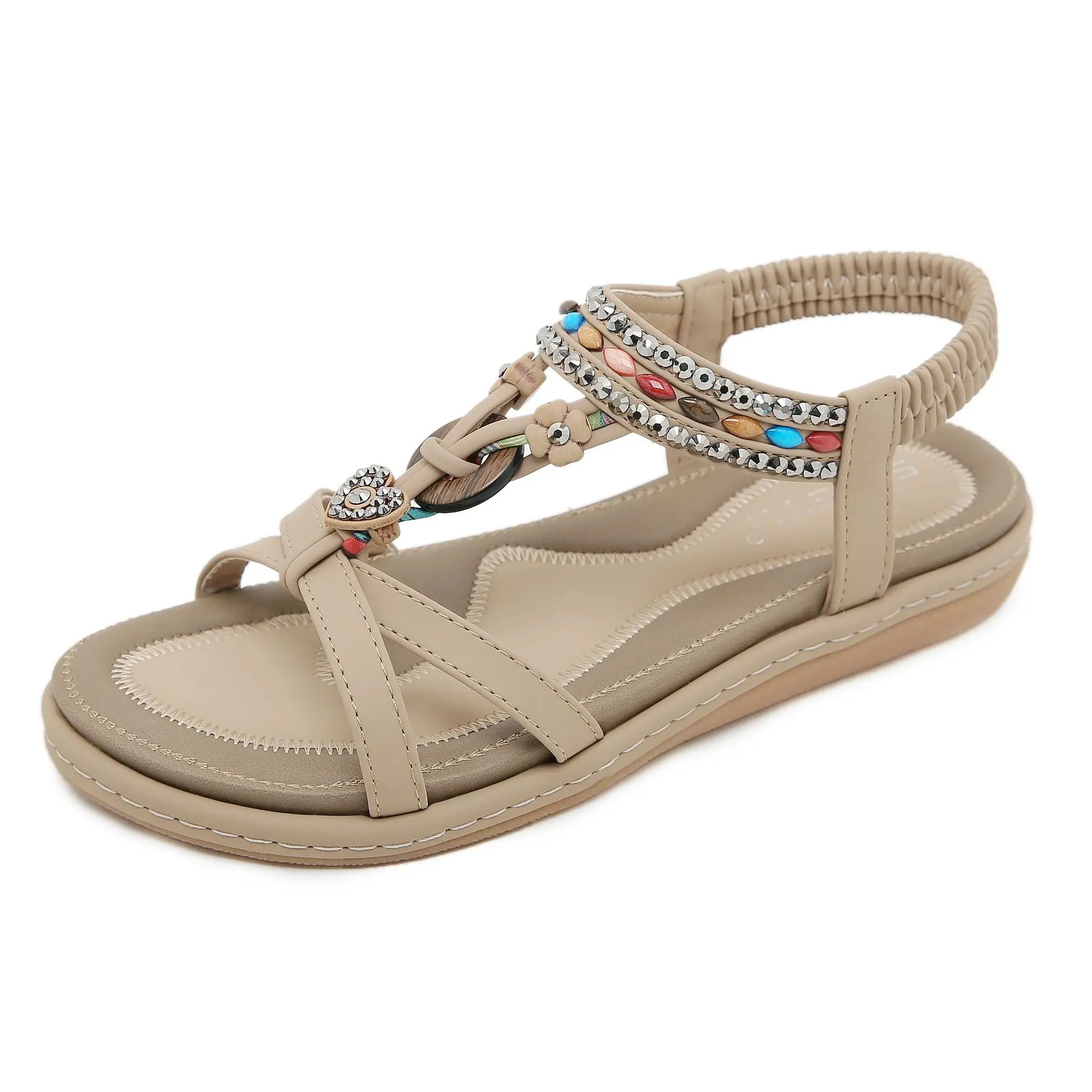 2024 Shoes for Women Plus Size 36-42 Summer PU Elastic Band Flat Toe Round Bohemia Beaded Comfortable Retro Wedges Beach Sandals