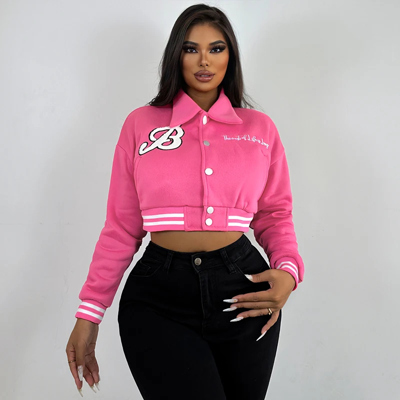 Women\'s Baseball Jacket Letter Embroidered Long Sleeve Lapel Design Snap Closure Casual Jacket YJ22222G2