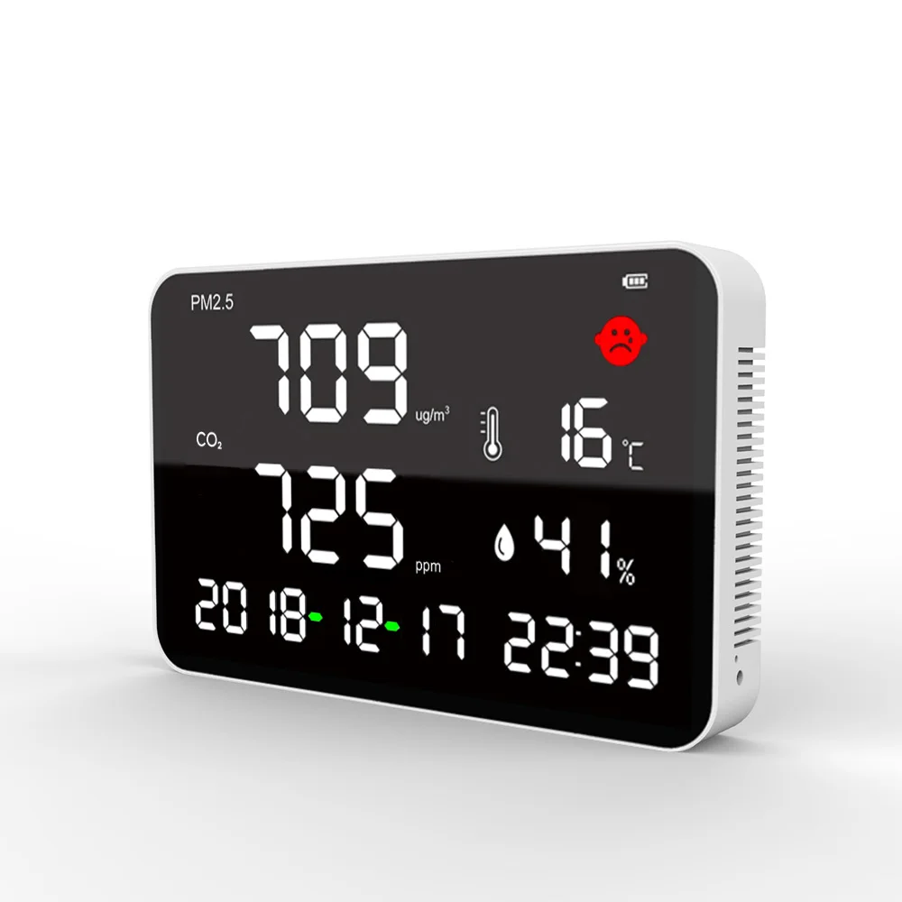شاشة كبيرة جدًا داخلية CO2 ميتري متعددة الوظائف مستشعر NDIR نوع كاشف جودة الهواء يقيس ثاني أكسيد الكربون وPM2.5