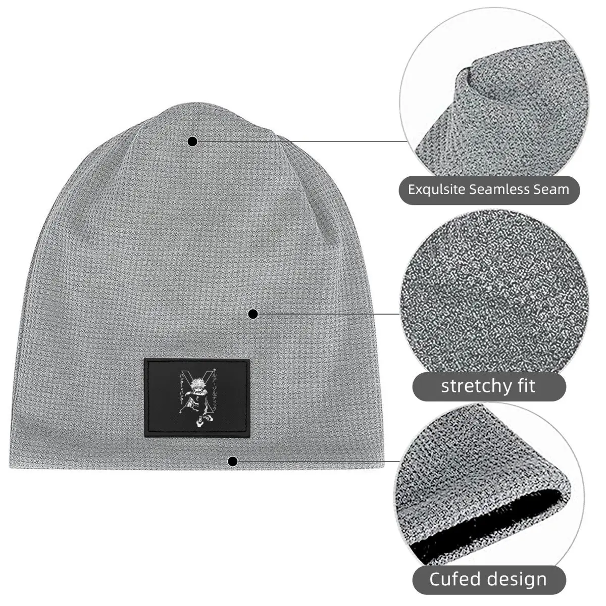 Killua Zoldyck Anime HXH Hunter X Hunter Waffle Knit Fleece Lined Beanie with PU Leather Patch Unisex Warm Winter Soft Cap