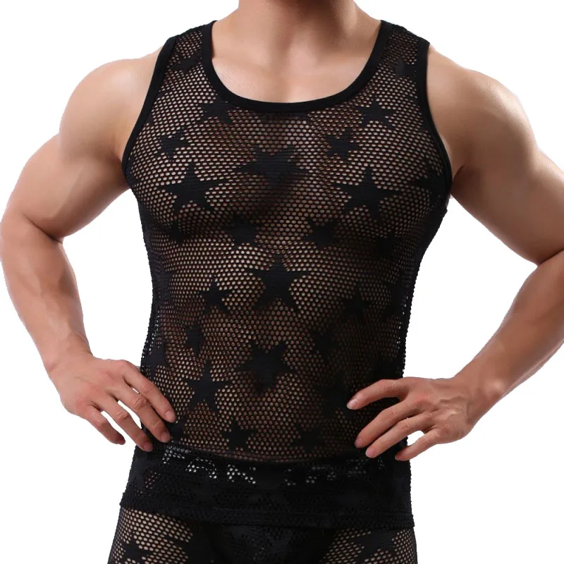 Men's Tank Top Mesh Shirt Star See Through Breathable Ropa Interior Bodybuilding Shirt Mens Mesh Breathable Tank Top Vest