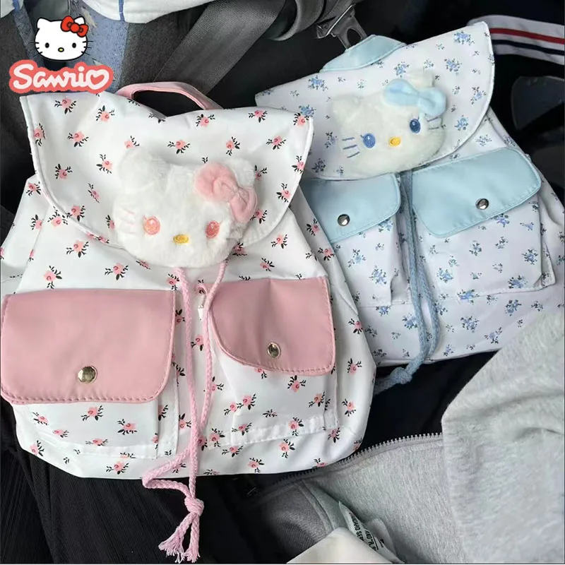 

Sanrio Hello Kitty backpack School bag new floral canvas bag cute plush toy back to school anime Backpack new cartoon gift