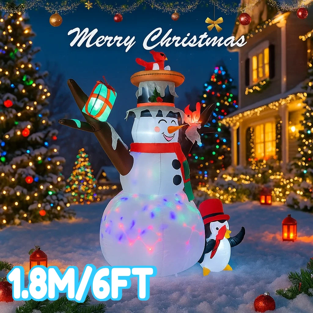1.8M/6FT Snowman Penguin Christmas Decor Home Inflatable Toys with LED Lights Yard Xmas Ornaments Party DIY Decorations