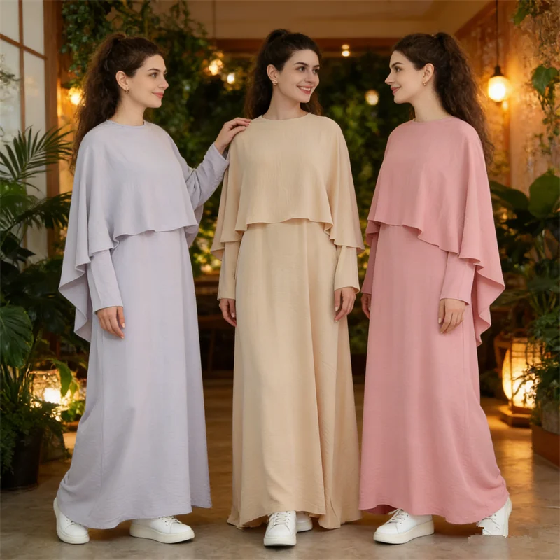 

Eid Women Abaya Dress with Cape 2 Piece Set Party Muslim Dresses Arab Long Robe Morocco Dubai Kaftan Vestidos Jalabiya Ramadan
