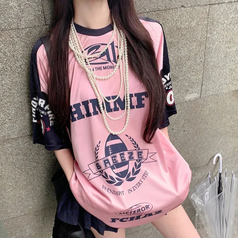 Vintage Badge Sports T Shirts Women Letter Printing Patchwork Short Sleeve Tops American Basketball Loose Oversized Summer Tees