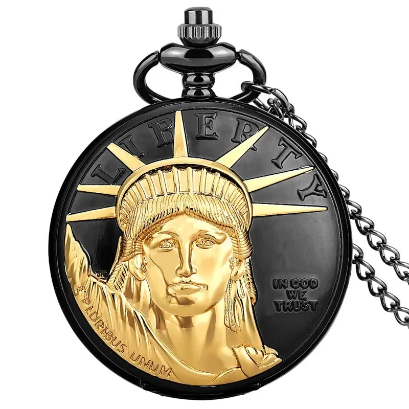 Classic Pocket Watch Full Hunter Statue of Liberty Cover Men Women Quartz Analog Watches Roman Number Necklace Pendant Chain