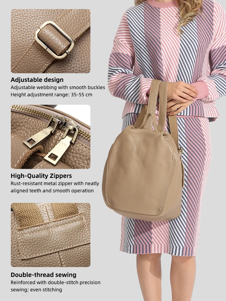 Zency Women Stylish Classic Backpack Khaki Genuine Leather Knapsack Satchel Purse Roomy with Pockets Fit A4 Ipad 9.7'' Rucksack image 4