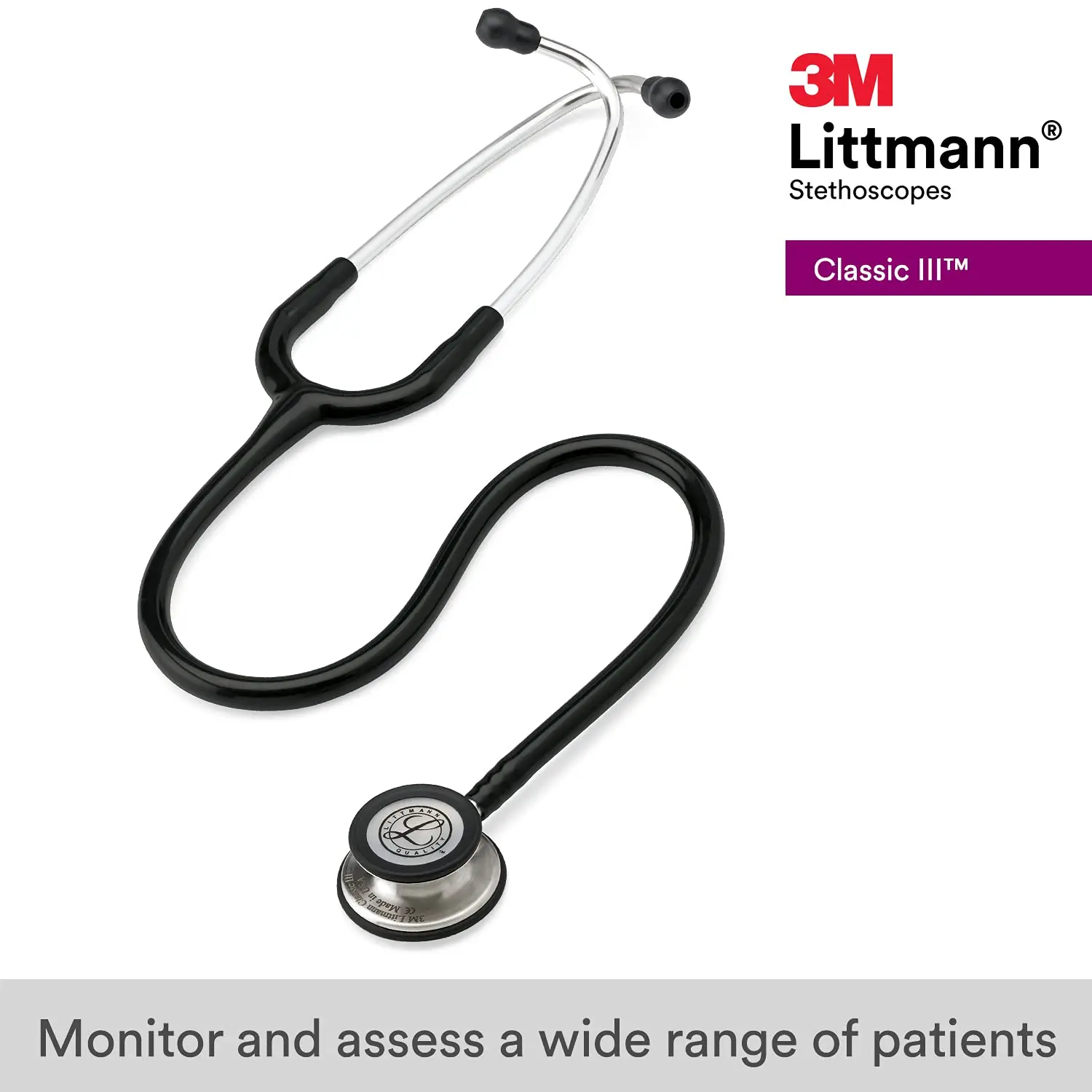 Стетоскоп 3M Littmann Classic III для мониторинга 5620, черный трубчатый стержень из нержавеющей стали и гарнитура для врачей, медсестер,