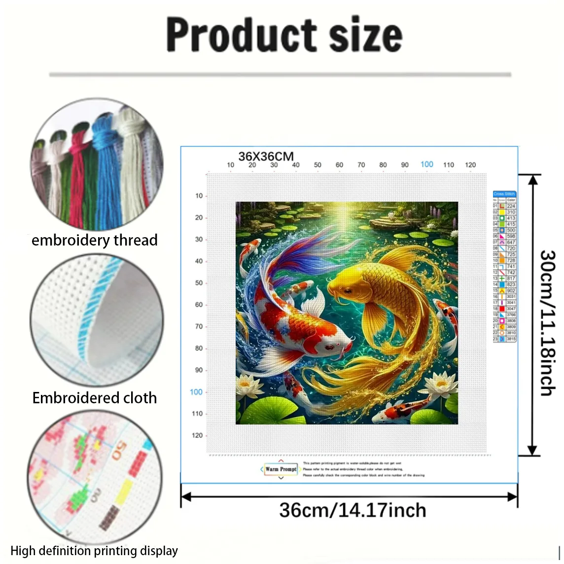 Wealth & Luck Koi Cross Stitch Kit DIY 11CT Embroidery Home Wall Decor Gift Handmade Material Frameless Semi-Finished 36×36cm