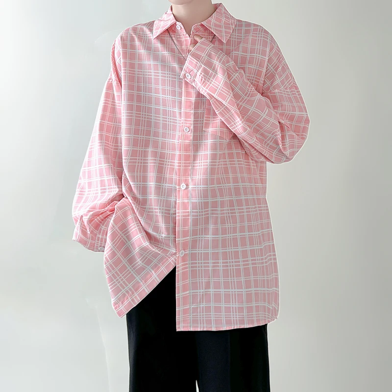 

Chic Salt System Pink Plaid Long Sleeve Men's Shirt Ice Silk Thin Outerwear High-End Feeling Autumn Fashion Polyester Fiber