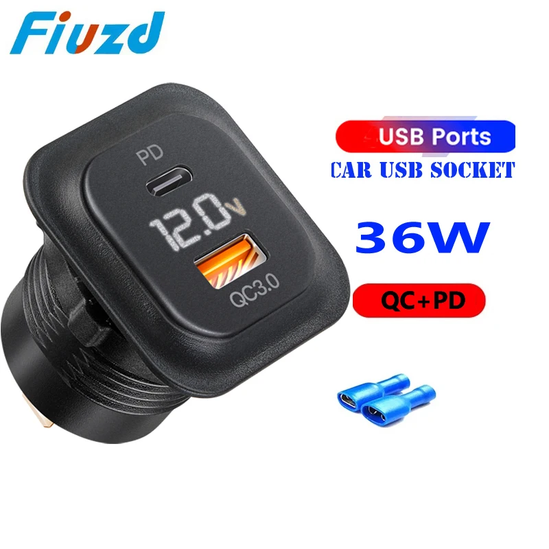 12V/24V Car USB Charger Socket PD Type C + QC 3.0 Power Outlet with LED Dual Ports Fast Charging for Motorcycle ATV RV