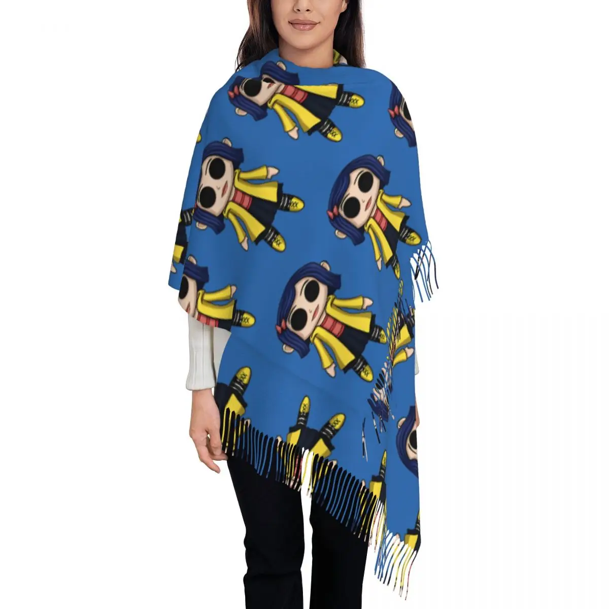 Sciarpa con nappe da donna Coraline Doll Chibi Large Winter Fall scialle Wrap Gifts sciarpa in Cashmere