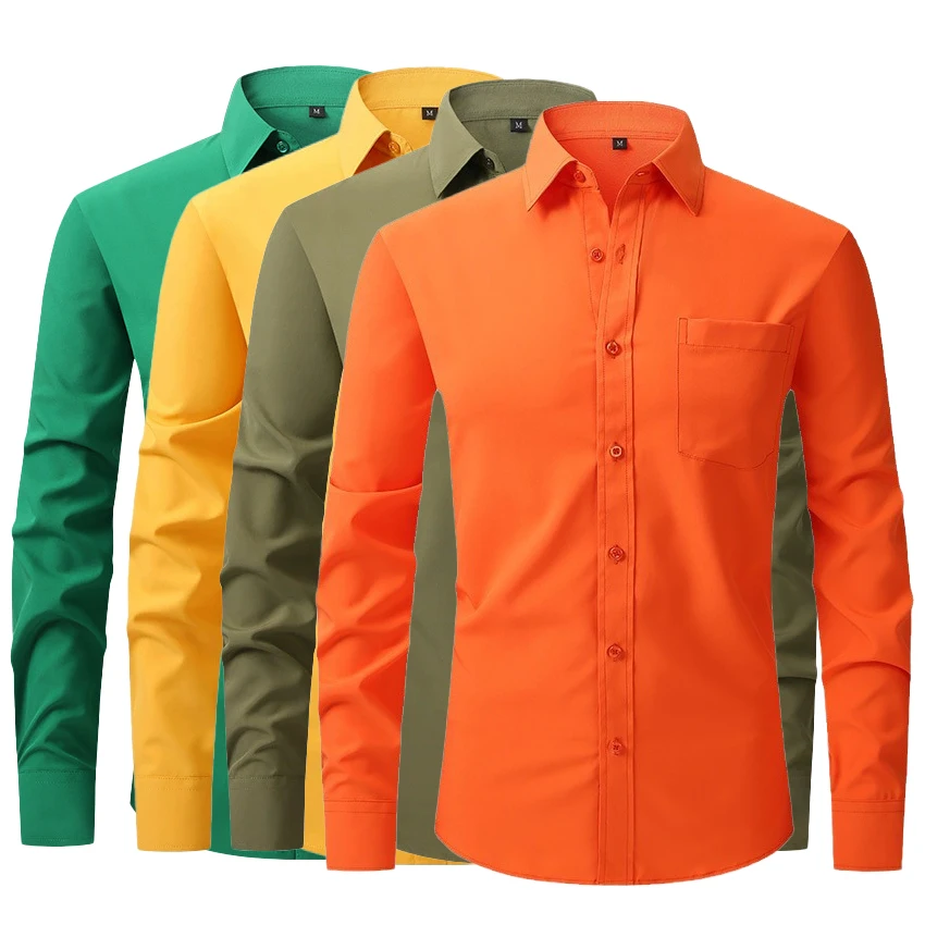 

Мужская рубашка из чистого хлопка с длинным рукавом, предотвращающая морщины, для свадебных выступлений, ярко-оранжевая, красная, очень большого размера