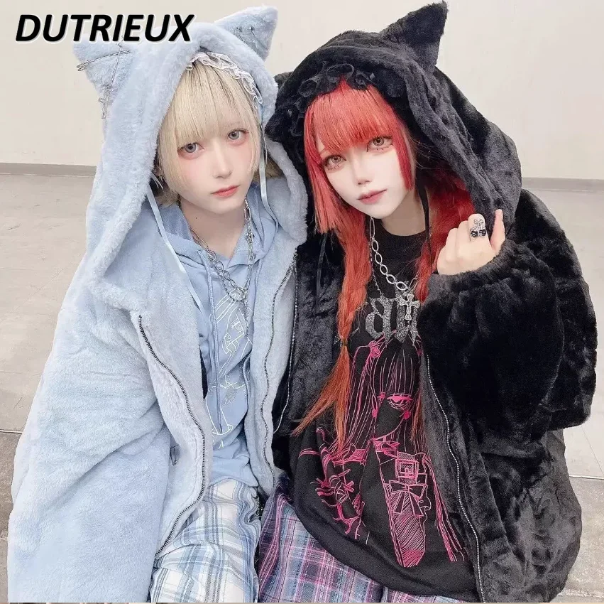 Cat Ears Plush Jacket Fashion Mid-length Coats for Women Girl Cute Sweet Japanese Style Rabbit Fur Casual Loose Sweatshirt