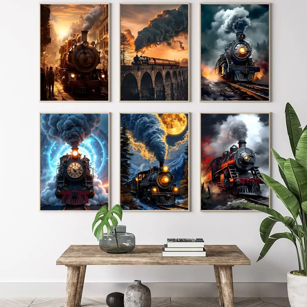Vintage Railroad Retro Railway Steam Train Painting Calligraphy HD Canvas Poster living room bedroom bar aesthetic decoration