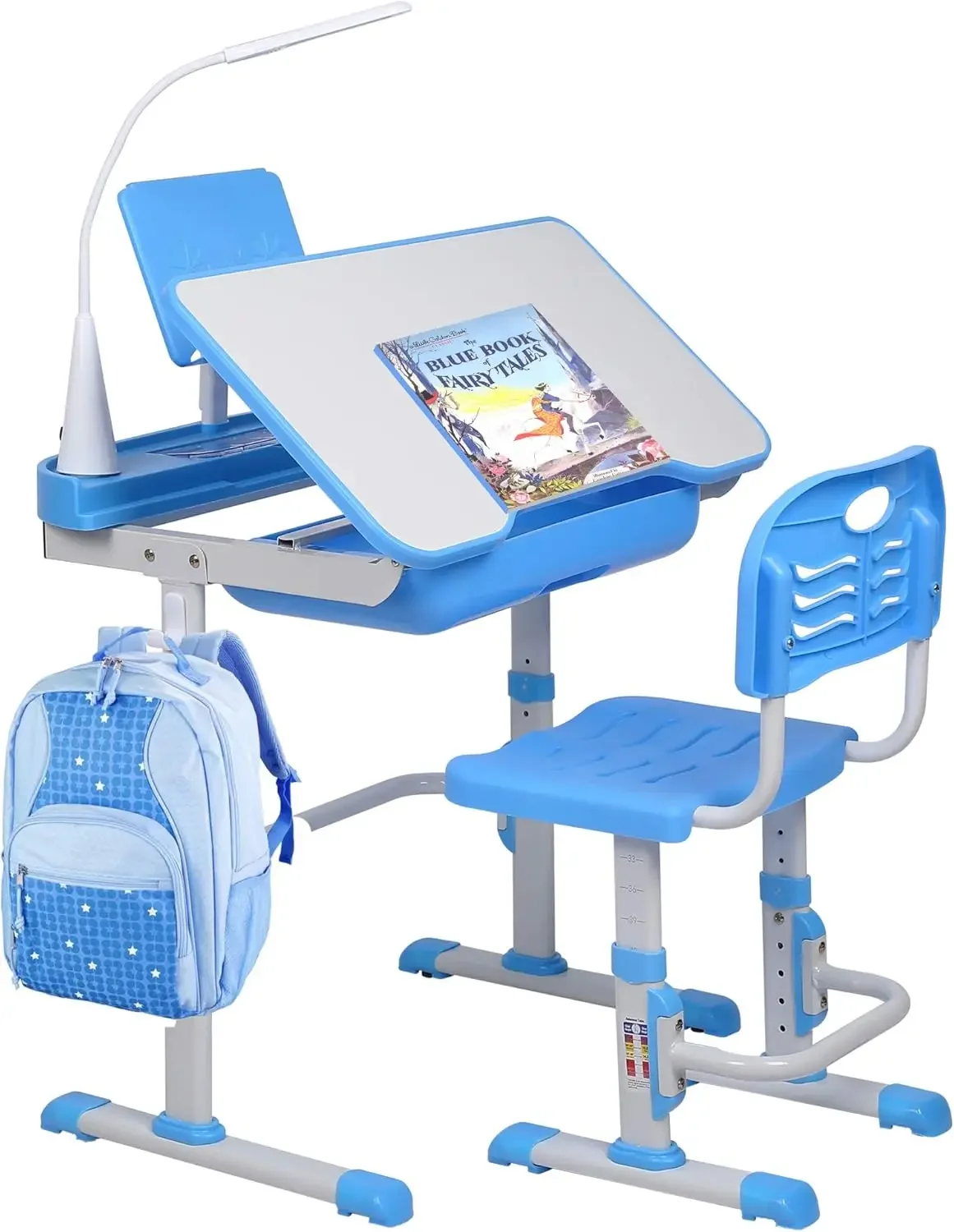 Desk and Chair Set, Height Adjustable Child's School Study Writing Tables with Tilt Desktop, LED Light, Storage Drawer, Boo