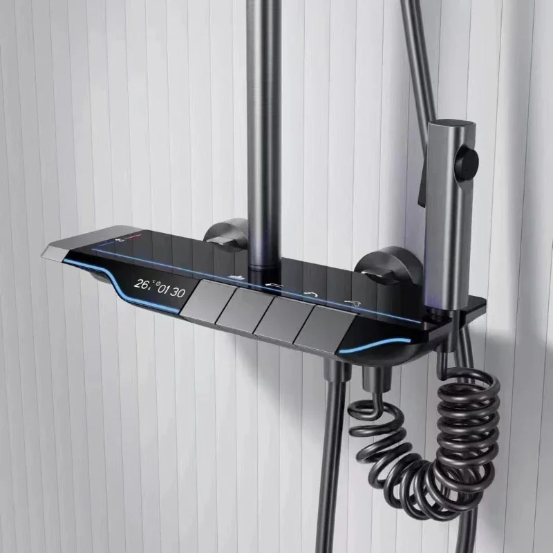 

Digital Display Shower System Bathroom 4 gear Thermostatic set Rainfall Shower Tiktok Trend Gun Matel Piano Key Shower