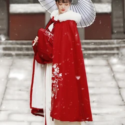 Hanfu 자수 망토 여성 겨울 따뜻한 케이프 중국 스타일 긴 외투 후드 코트, 고대 전통 코스프레 레이디 의류