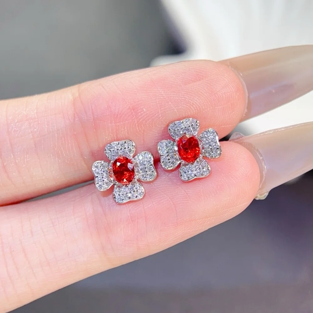 S925 Sterling Silver Natural Ruby Flower Earrings Fashion Elegant Jewelry Crystal Women's Birthday Gift Mature Charm