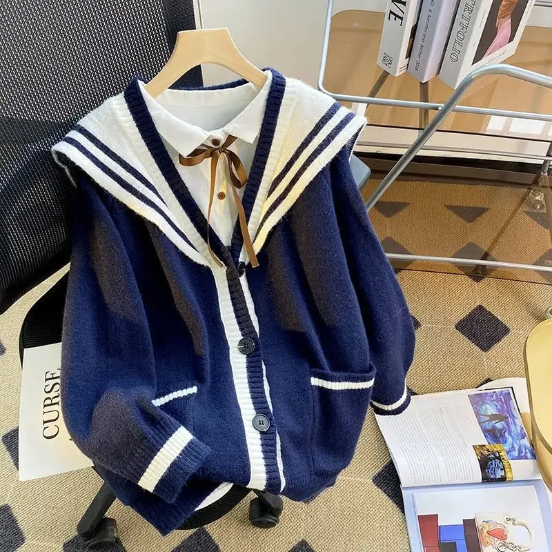 y2k Sweet Little Titty Navy Collar Jacket Autumn 2024 New Loose Gentle Wind Versatile College Style Cardigan Pullover