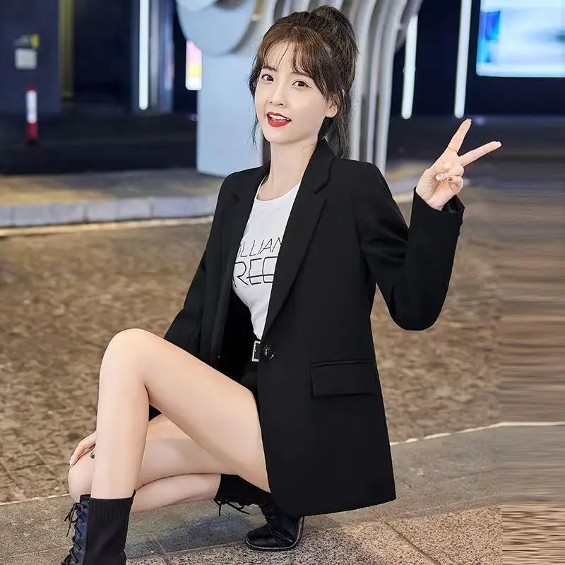 سترات عصرية واحدة الصدر للنساء بياقة مقلوبة سترات مكتب للنساء بلون سادة وأكمام طويلة سترات Mujer #4