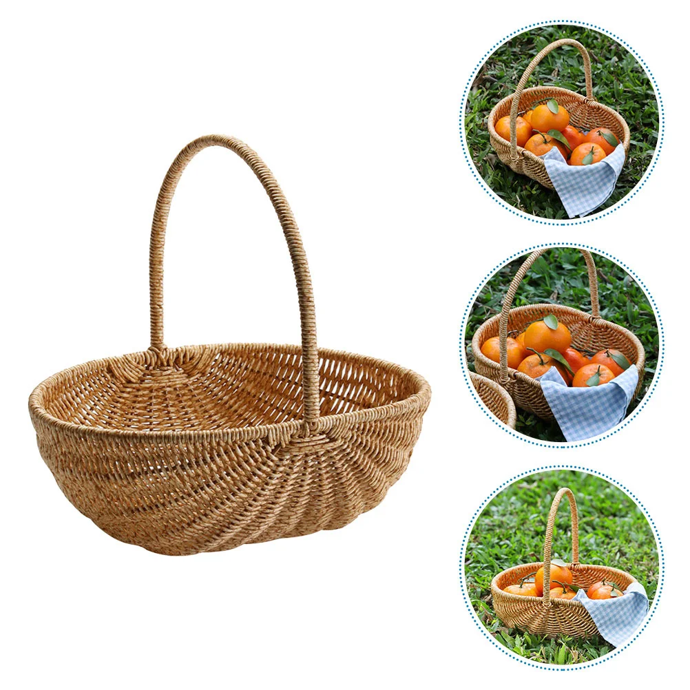 

Rustic Woven Handheld Basket Multipurpose Storage Basket for Fruit Picnic Flower Vegetable Durable Plastic Rattan Practical