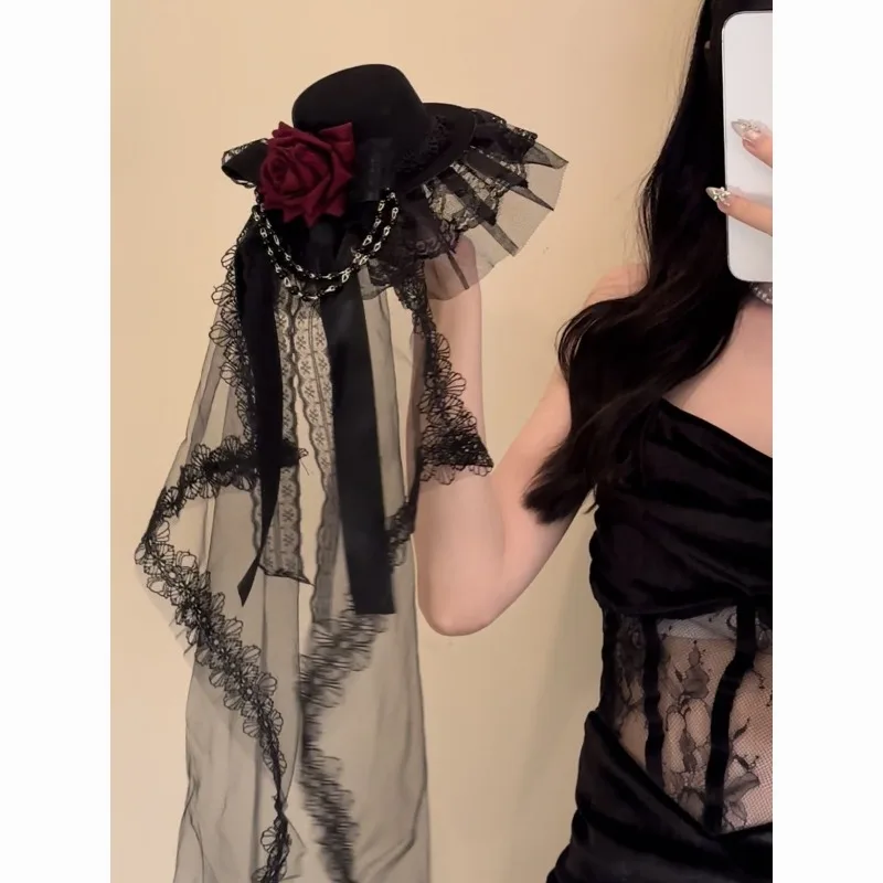 

Lolita Halloween Hat Women Goth Rose Top Hat Hairpin Cosplay Hair Accessories Cos Photo Decoration Props Bridal Headdress