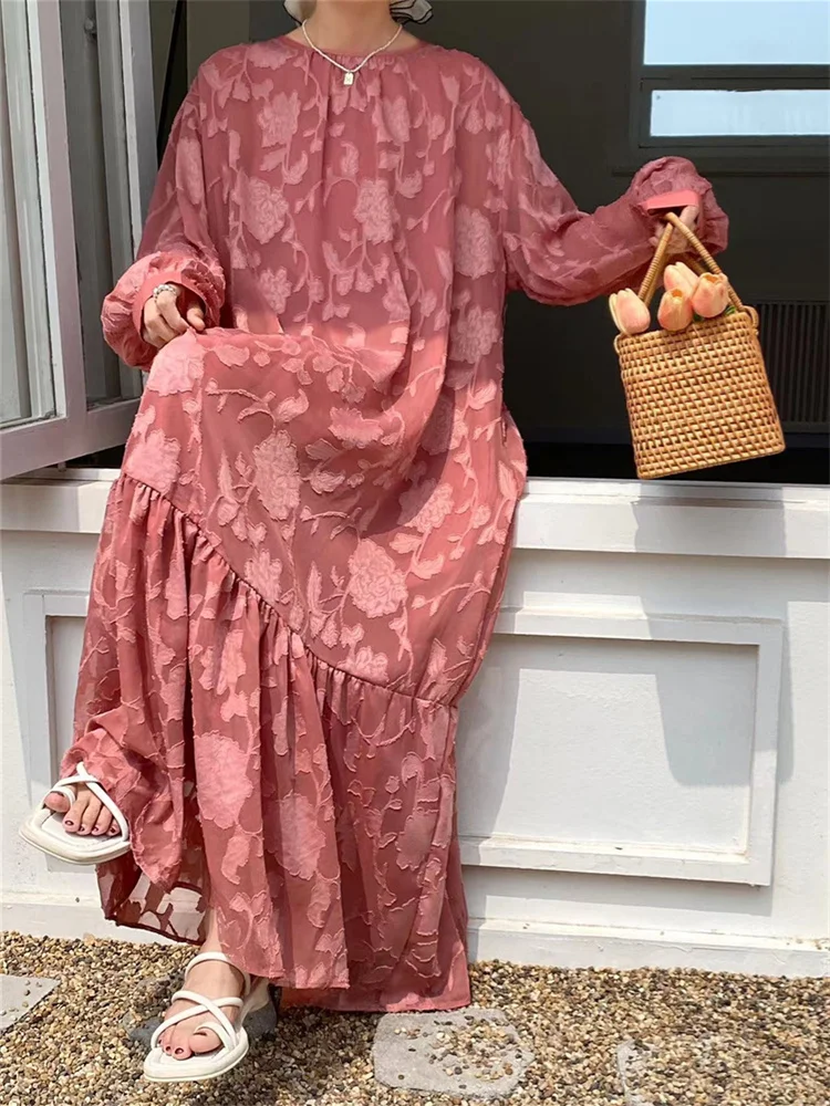 Korea Spring Summer Women Casual Loose White Dress Woman Pullover Ruffes Dress Chic Ladies Womens Chiffon Print Long Dresses