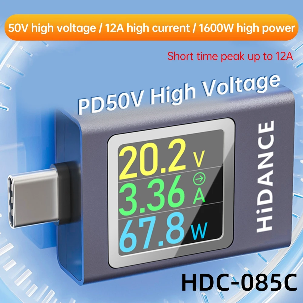 HDC-085C DC 4.5-50V 0-12A PD3.1 Multi-function Digital Display DC Voltage Ammeter Power Meter Type C Cell Phone Charging Tester