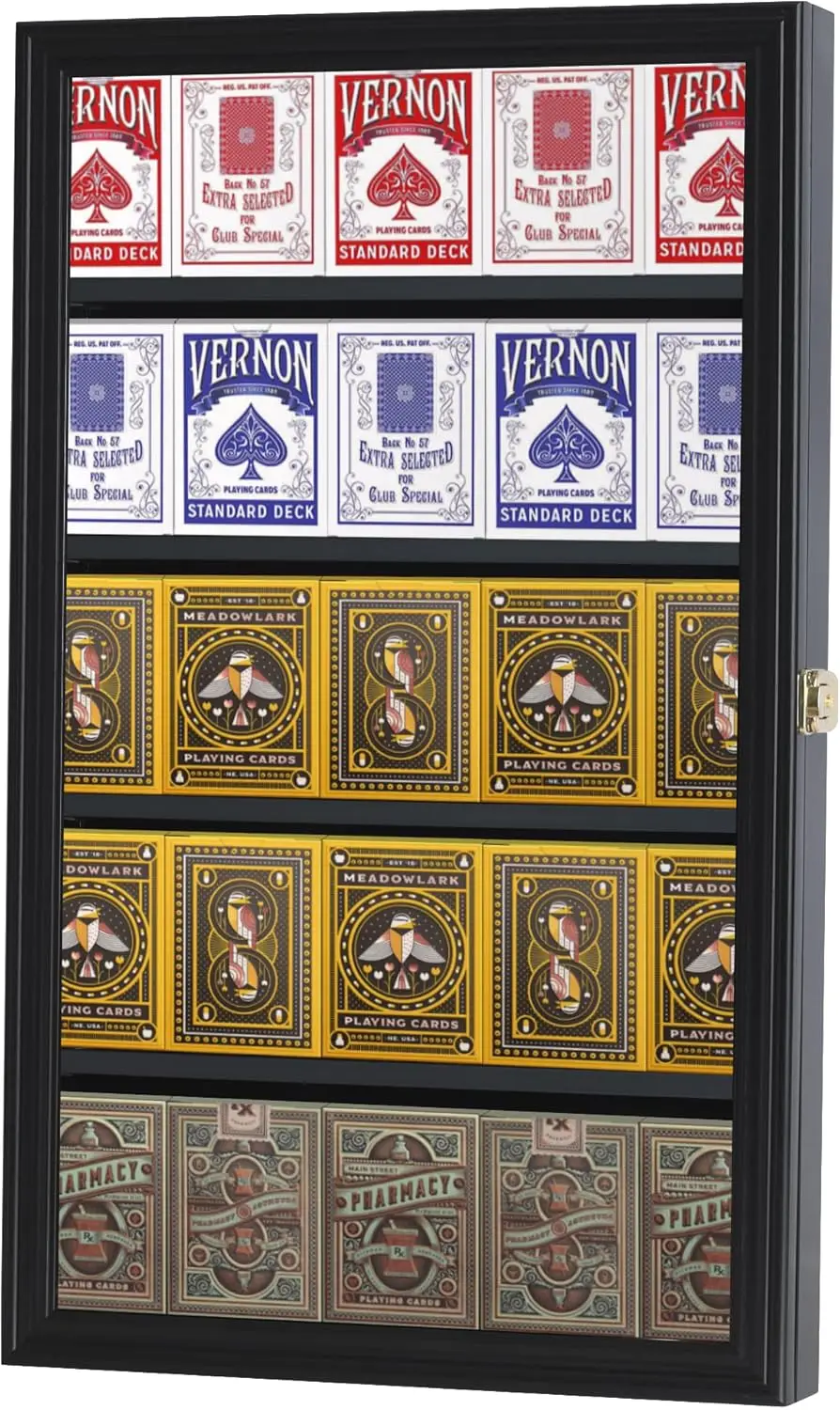 

25 Deck Poker Card Display Case with Lockable Door, Wall Mount, Black Finish