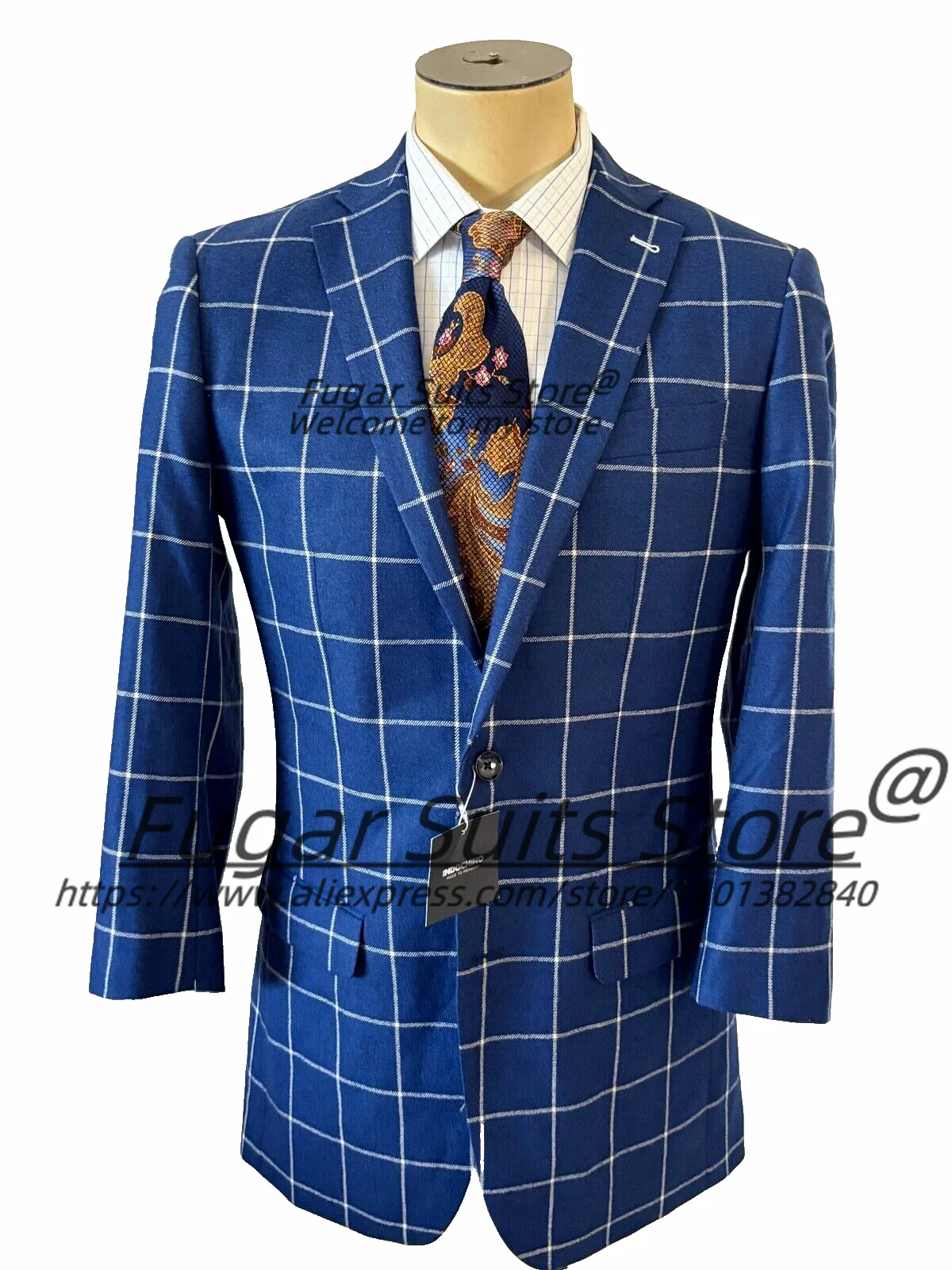 

Business Blue Plaid High-qublity Men Suits Slim Fit Notched Lapel Groom Prom Tuxedos 2 Pcs Sets Classic Male Blazers Ropa Hombre