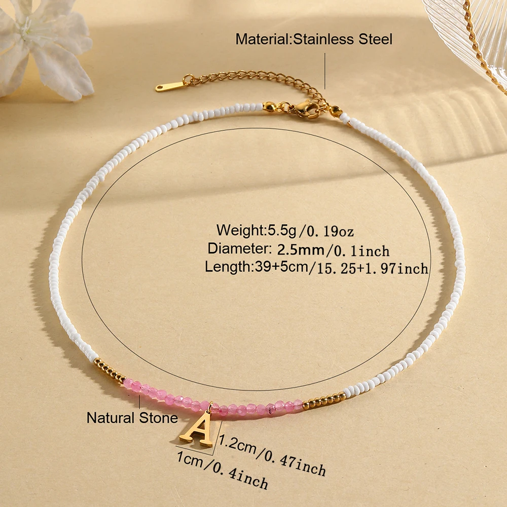 Bohemian style 26 letter pendant women\'s white rice bead pink crystal bead necklace fashionable and simple jewelry gift 2025