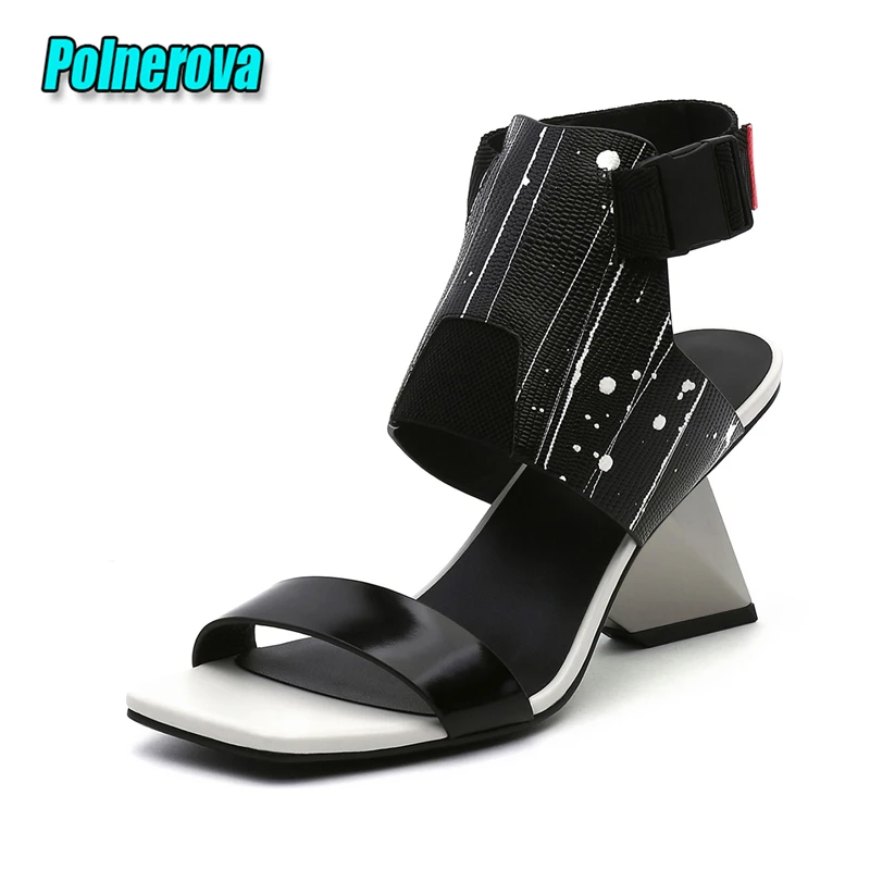 

Summer New Mixed Colors High Heels Fashion Square Toe Ankle Buckle Strange Heel Sandals European American Genuine Leather Shoes