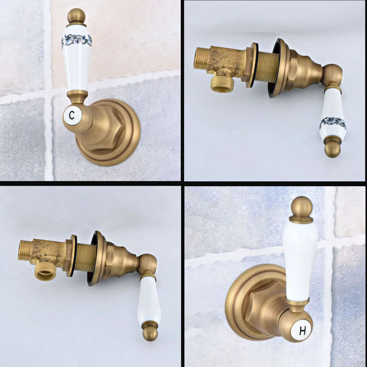 Antique Brass Wall Mounted Deck Mounted Ceramic Handle Faucet Control Valve Stopcock Tap G1/2 Male x G1/2 Male Thread mzh400