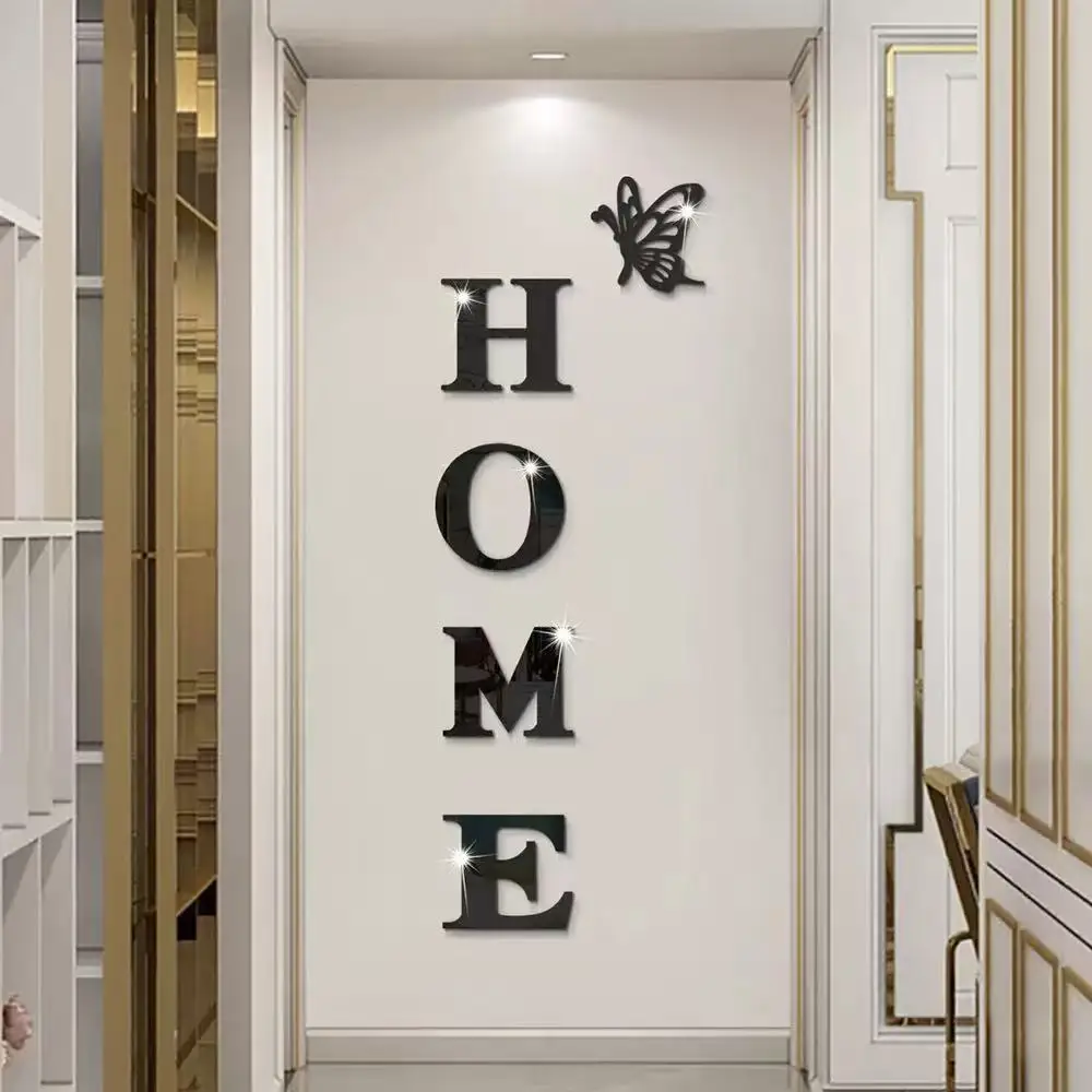 HOME Home Logo 3D espejo pegatina de pared mariposa acrílico espejo pegatina de pared 5 uds arte decoración de entrada decoración del hogar