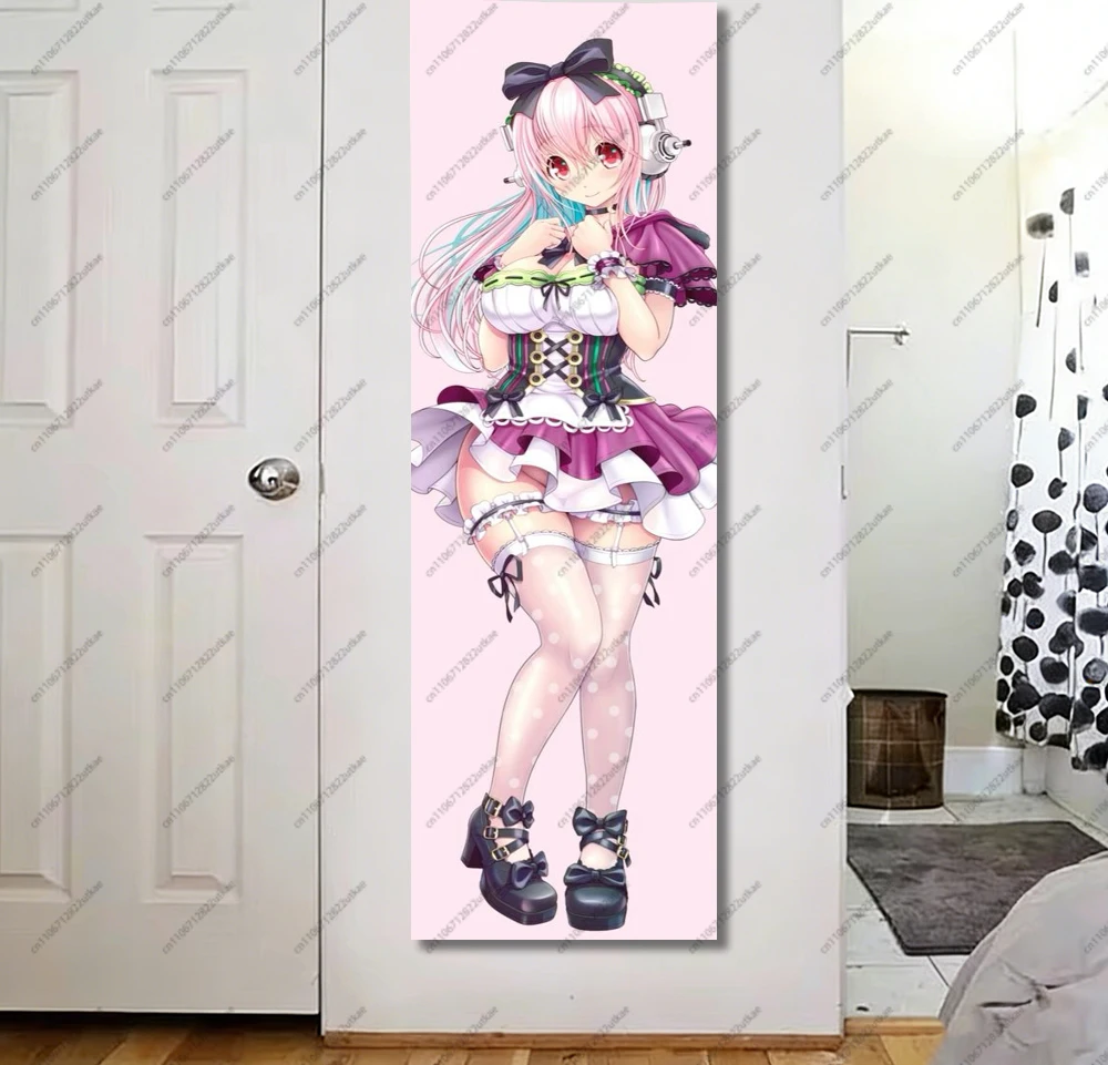 Kawaii Rosa Kopfhörer Anime Maid Girl Vertikaler Langer Wandteppich Rosa Hintergrund Wandbehang für Schlafzimmer Wohnheim Otaku Deko