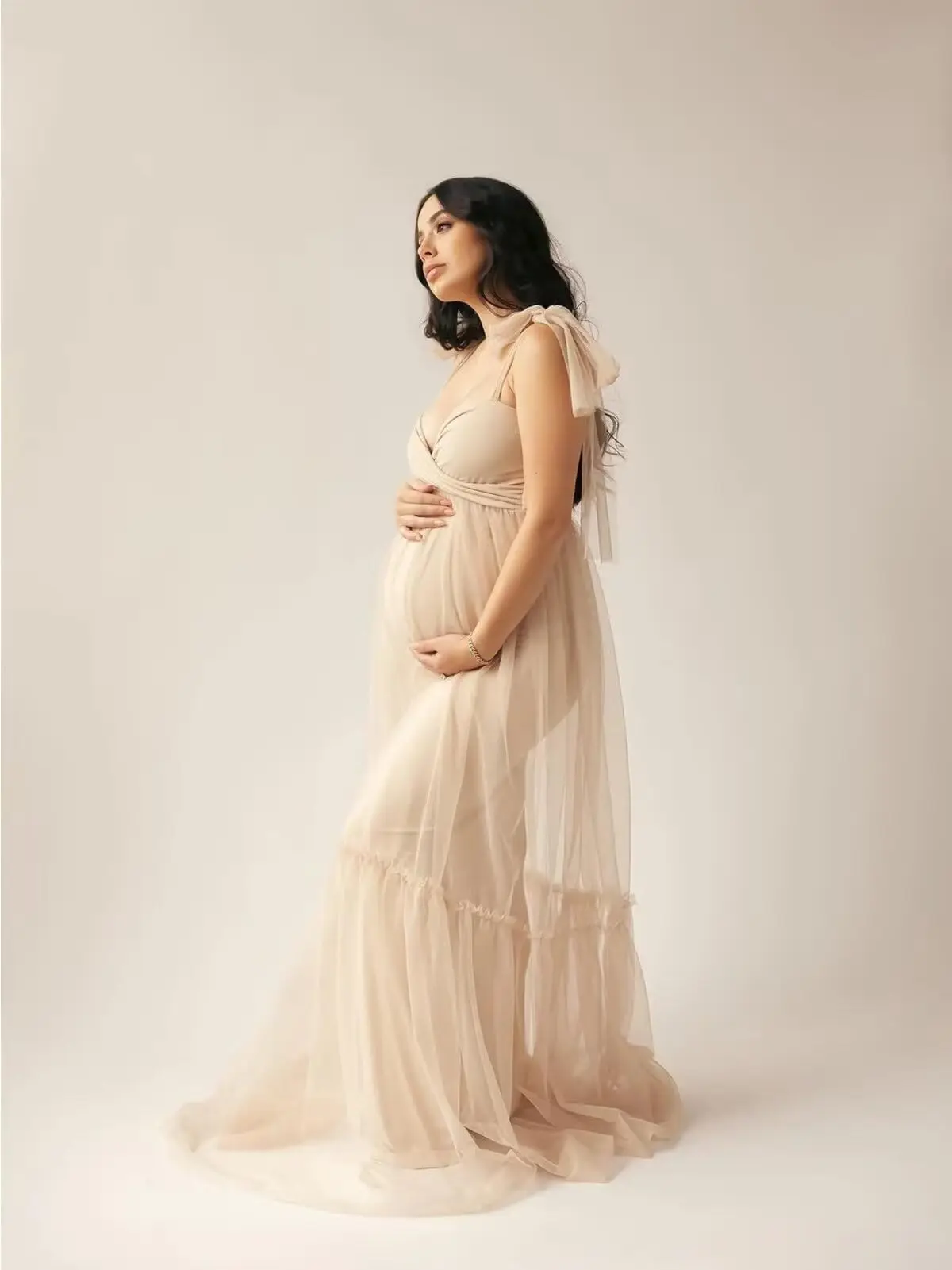 

Women's Tulle Maternity Dresses for Photoshoot V Neck Ruffles Satin Long Robes for Baby Shower with Bow Strap