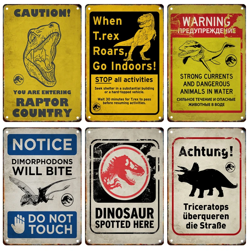 Dangerous Dinosaur Metal Warning Sign No Entry Sign Tin Painting Plaque Home Club Movie Theater Wall Art Decor Panel Mural Gift