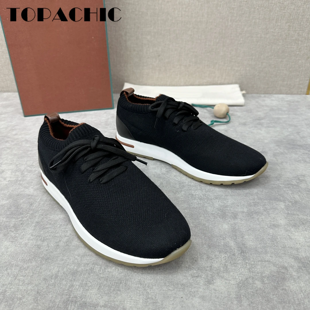 12.5 TOPACHIC Men\'s Round Toe Knitted Sneakers Contrast Color Lace-Up Comfortable Flat Casual Shoes