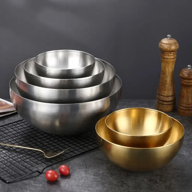 Bonito ensaladera coreana de acero inoxidable de 15cm/20cm/24cm/28cm, cuenco de cocina multifuncional, cuenco para Fideos, cuenco redondo dorado y plateado