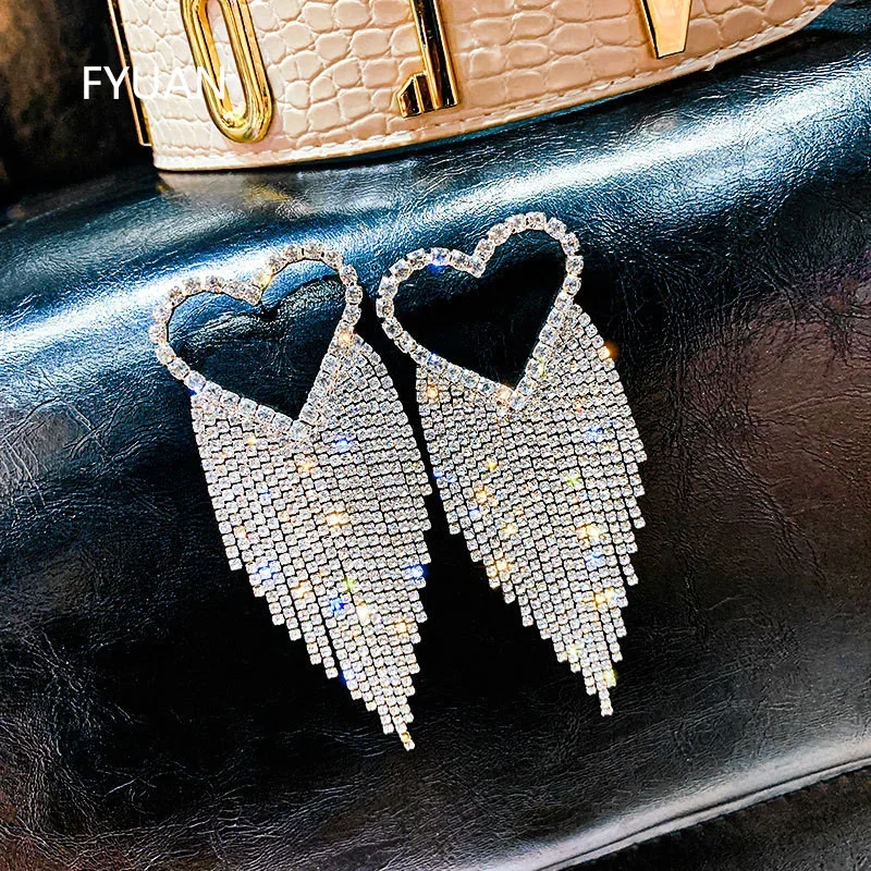 FYUAN Fashion Long Tassel Full Rhinestone Drop Earrings for Women Bijoux Shiny Heart Crystal Dangle Earrings Jewelry Gifts