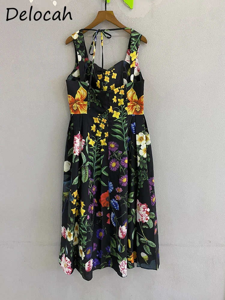 Delocah Cao Chất Lượng Mùa Hè Phụ Nữ Thiết Kế Thời Trang Kỳ Nghỉ Midi Dress Sexy Dây Đeo Spaghetti Eo Cao Hoa In Phụ Nữ Dresses